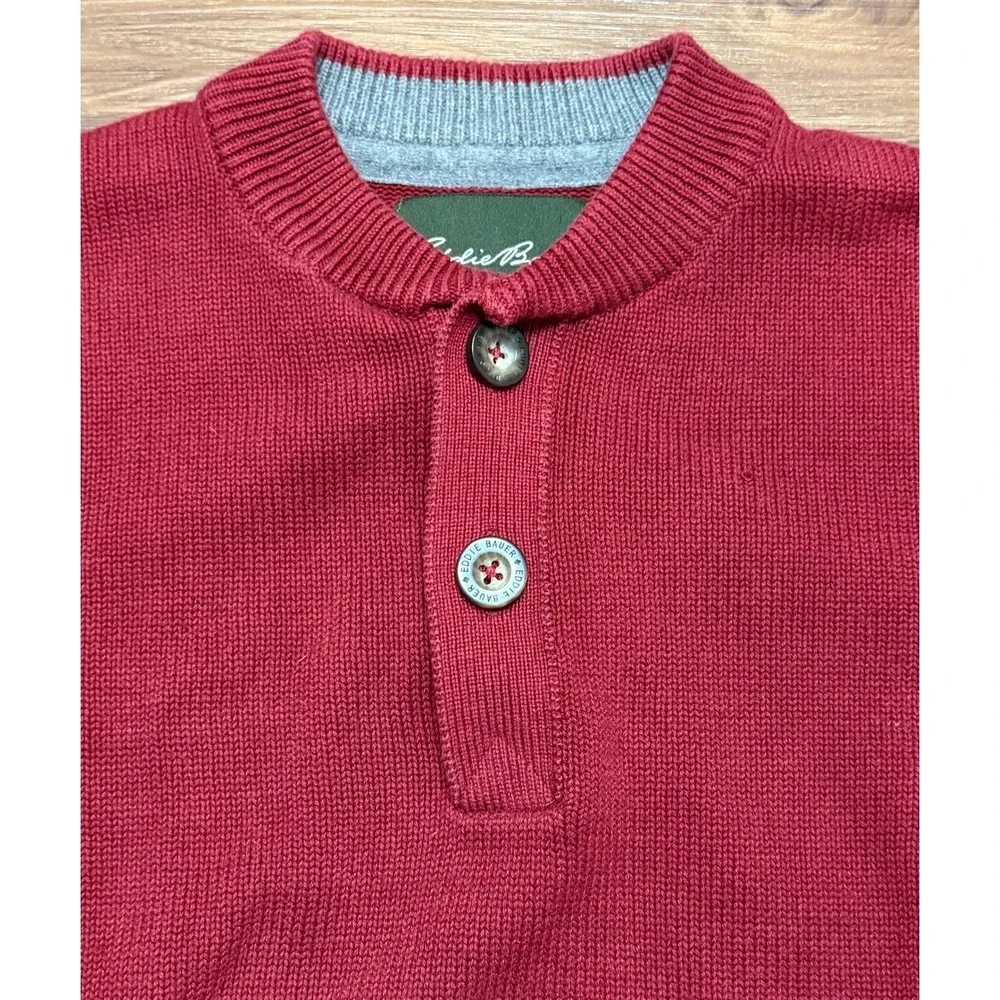 VTG Eddie Bauer Mens Red 100% Cotton Chunky Henley Knit Pullover Sweater Size M